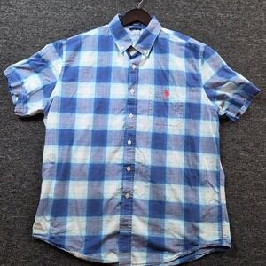 US Polo Assn Button Down Mens Large Blue Plaid Short Sleeve Stretch Casual Shirt